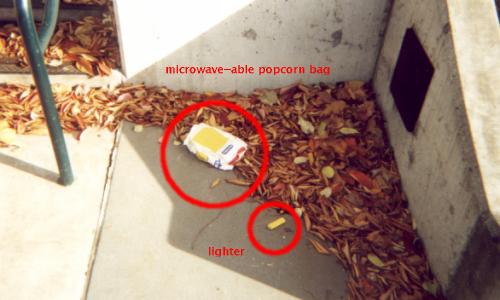 [Photo: cigarette lighter and empty(?) microwavable popcorn bag]