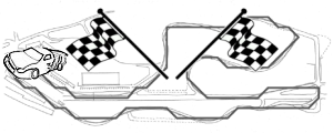 two checkered flags superimposed on a strange racetrack map