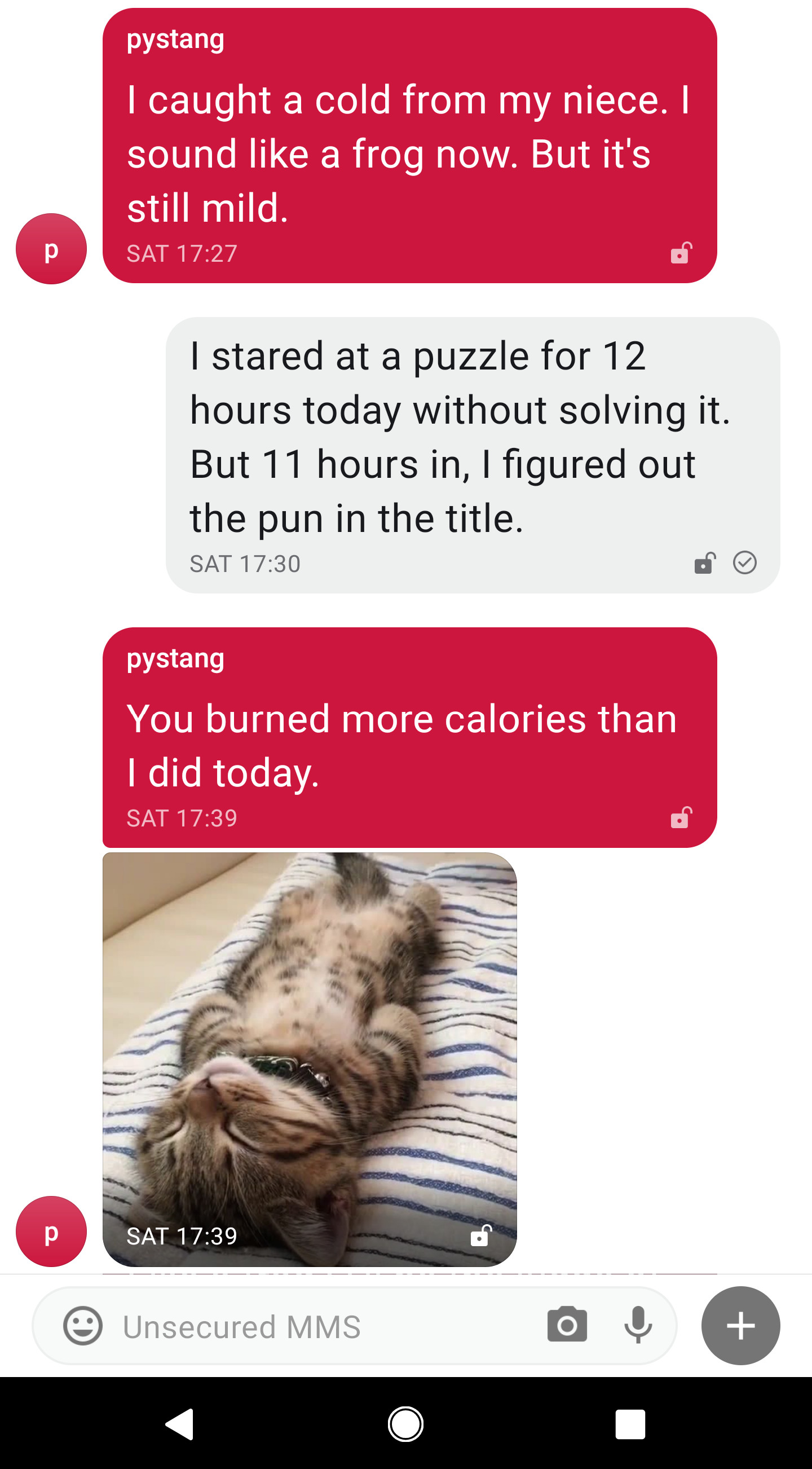 Chat transcript. Peter: I caught a cold from my niece. I sound like a frog now. but it's still mild. Me: I stared at a puzzle for 12 hours today without solving it. But 11 hours in, I figured out the pun in the title. Peter: You burned more calories than I did today. (photo of sleeping kitten)