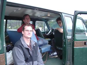 [Photo by Peter Tang: Tobias Lester, Tom Lester, and Larry Hosken in the trusty green van]