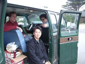 [Photo by Tobias Lester: Tom Lester, Peter Tang, and Larry Hosken in the trusty green van]