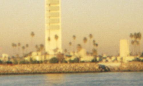 [Photo: An oil "island" off Long Beach]