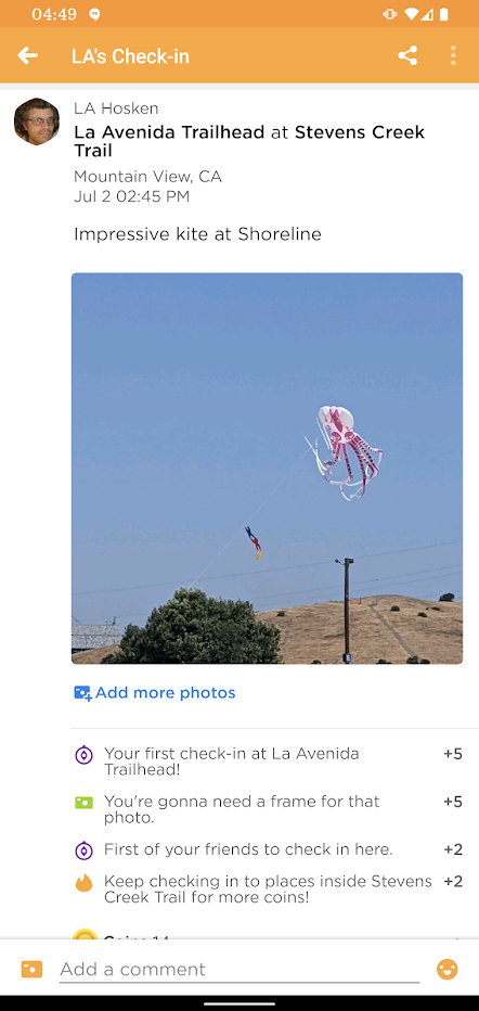 screen shot of Swarm check-in with kite picture
