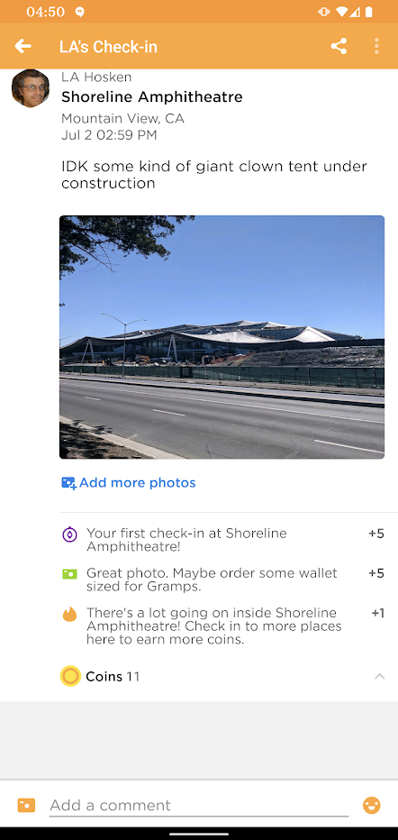 screen shot of Swarm check-in with circus-tent-like building picture