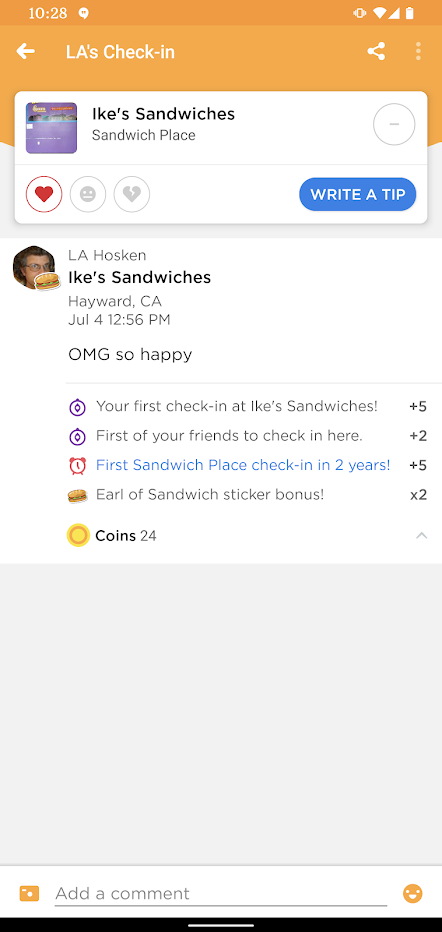 screen shot of Swarm check in at Ike's