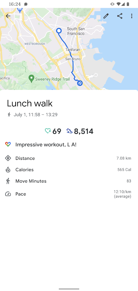 screen shot of fitness app showing afternoon progress