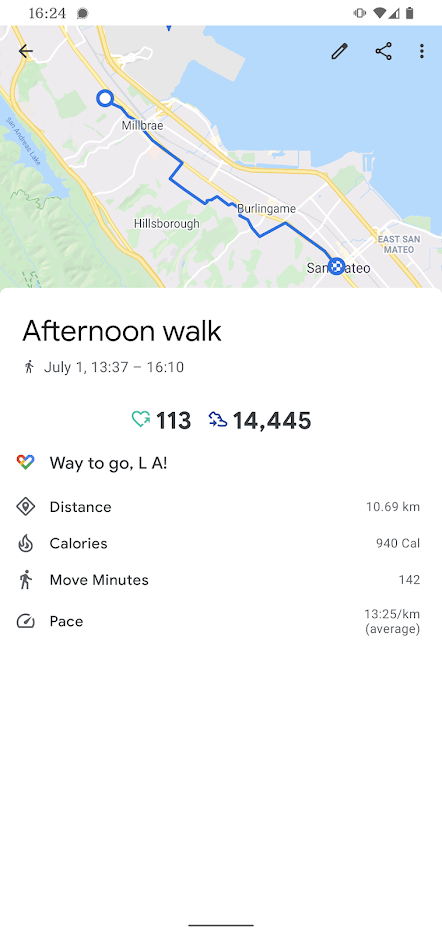 screen shot of fitness app showing more afternoon progress