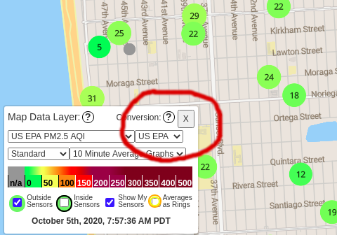 [screen shot of Purple Air website map showing where the USA EPA menu thingy is]