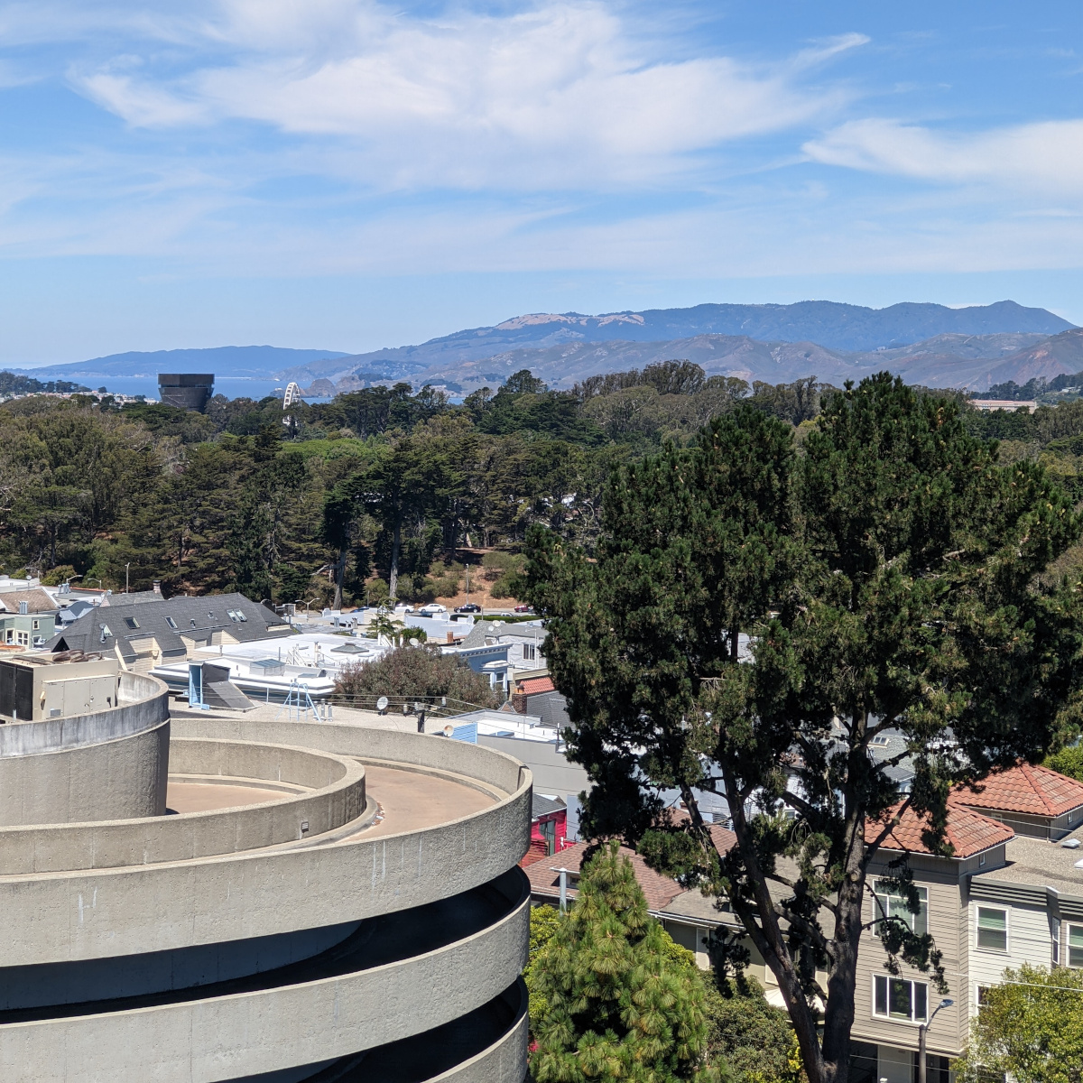 rooftops, treetops, a few pixels of the Golden Gate, a little bit of the Pacific Ocean, and in the distance: the Marin Headlands