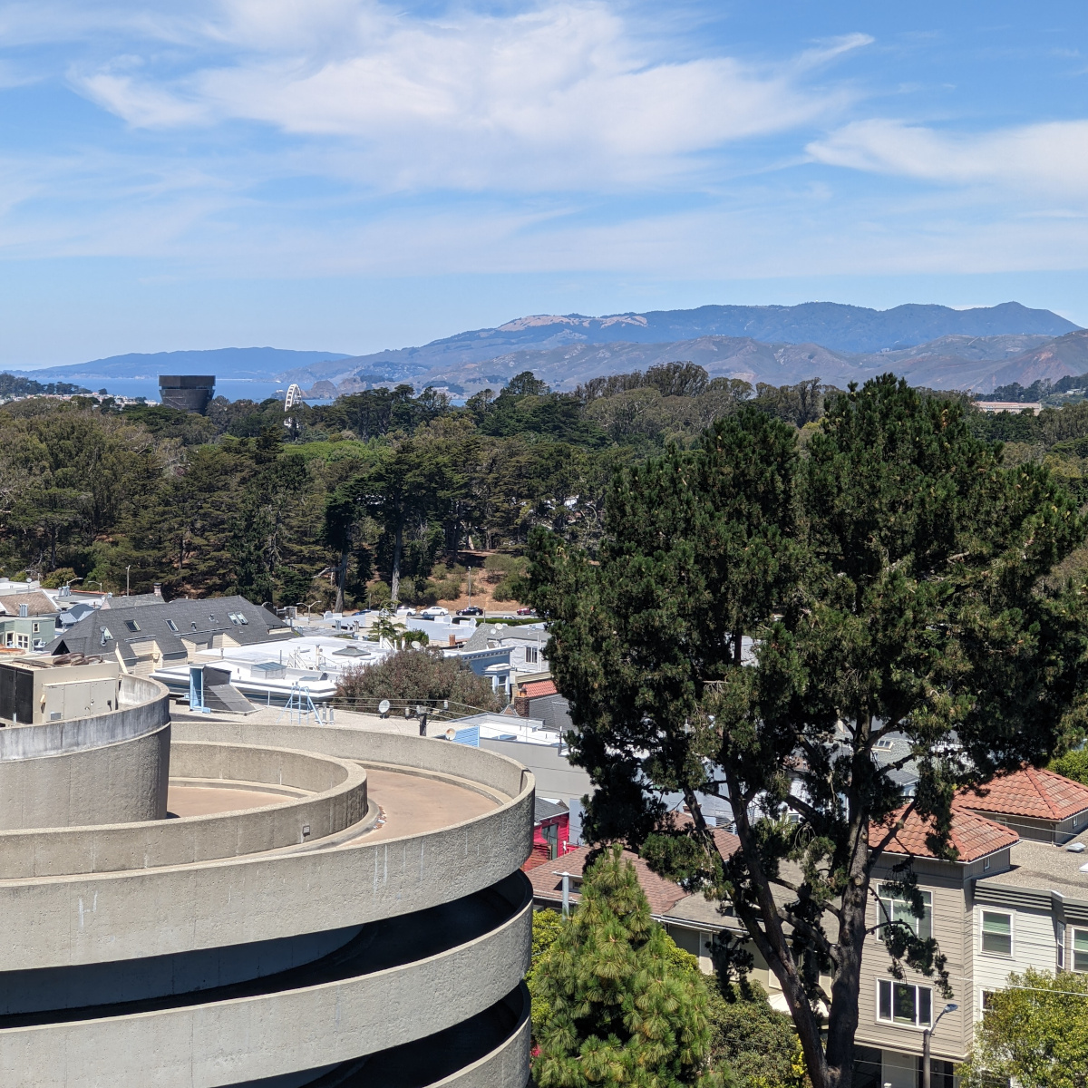 [picture: rooftops, treetops, sliver of ocean, Marin headlands]