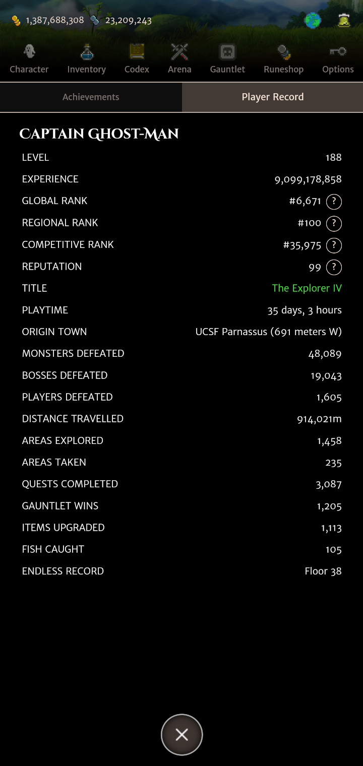 Screen shot showing Player Record for Orna Character Captain Ghost-Man. Level 188. Global Rank 6671. Regional Rank 100. Competitive Rank 35975. Title 'The Explorer 4'. Playtime 35 days. Areas explored 1458. Areas taken 235. Quests completed 3087. Gauntlet wins 1205. Items upgraded 1113.