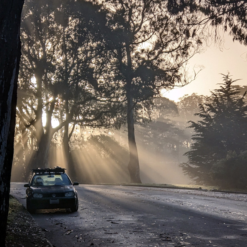 [photo: Crepuscular rays through morning mist above a damp road]