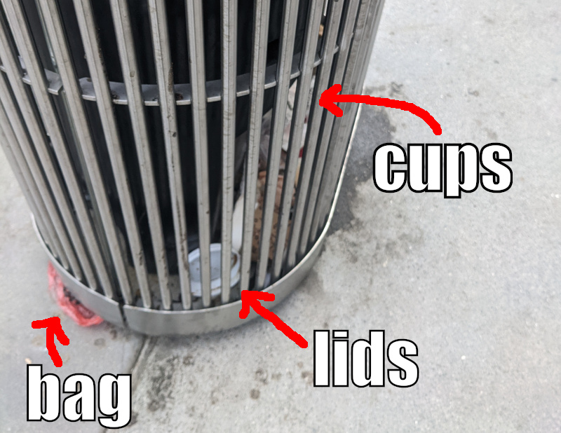 bottom of a trash enclosure with labeled trash: cups lids bags