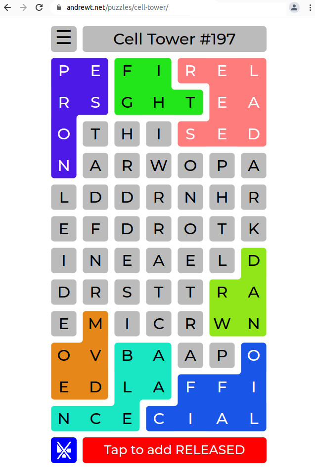 [screen shot of game: a grid of letters. some clusters of letters, each forming a word, have been highlighted]