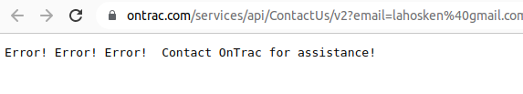 bare web page saying "Error! Error! Error! Contact OnTrac for assistance!"