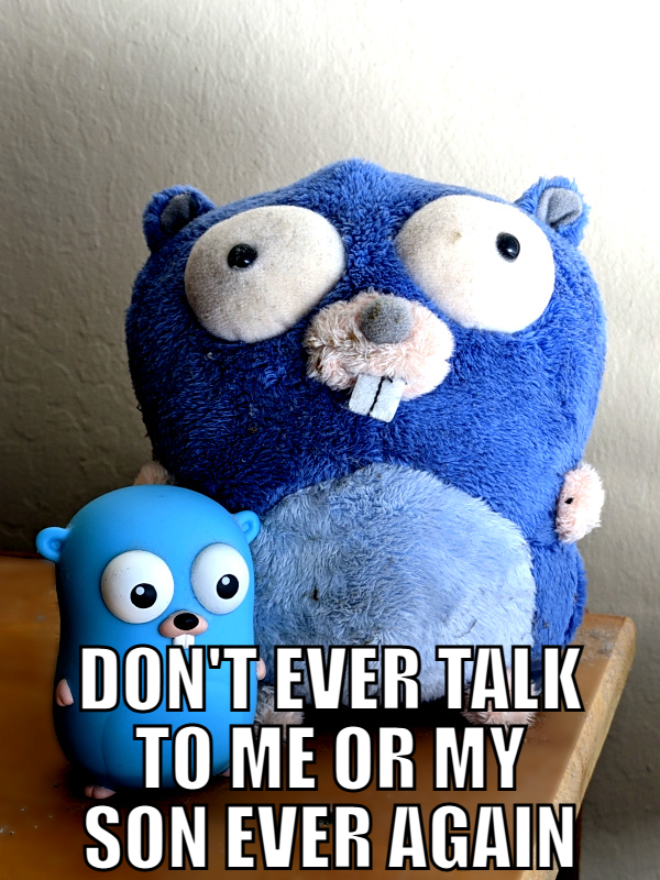 image with meme-referencing text Don't ever talk to me or my son ever again. The picture shows two toys modeled on the Go programming language gopher mascot, one big and one small