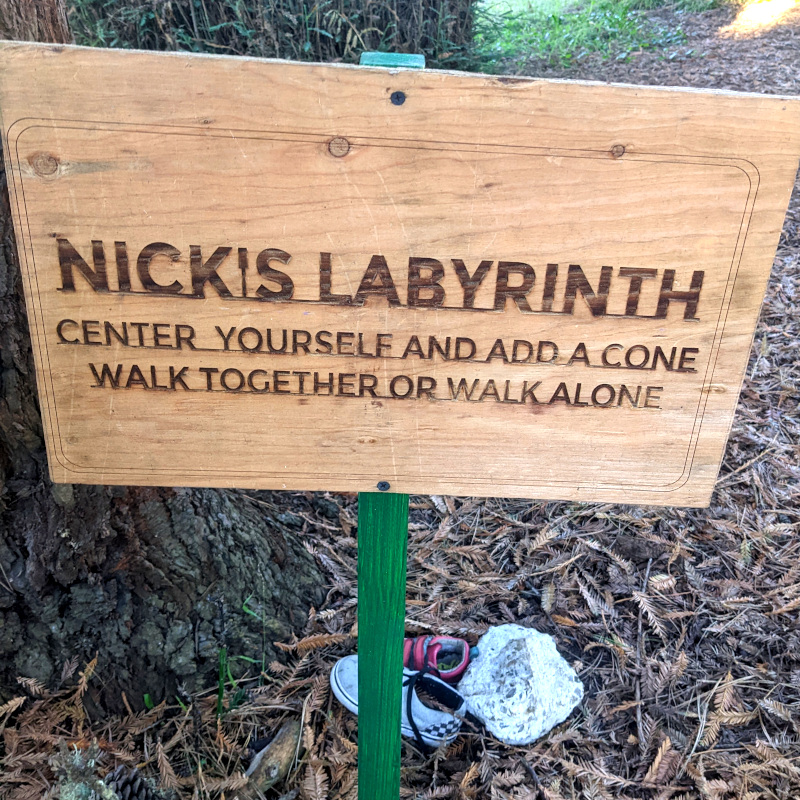 [photo of sign. sign reads Nick's Labyrinth / Center yourself and add a cone / walk together or walk alone]