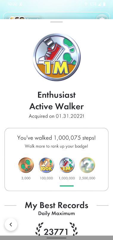 screen shot of Pikmin Bloom game showing Enthusiast Active Walker achievement