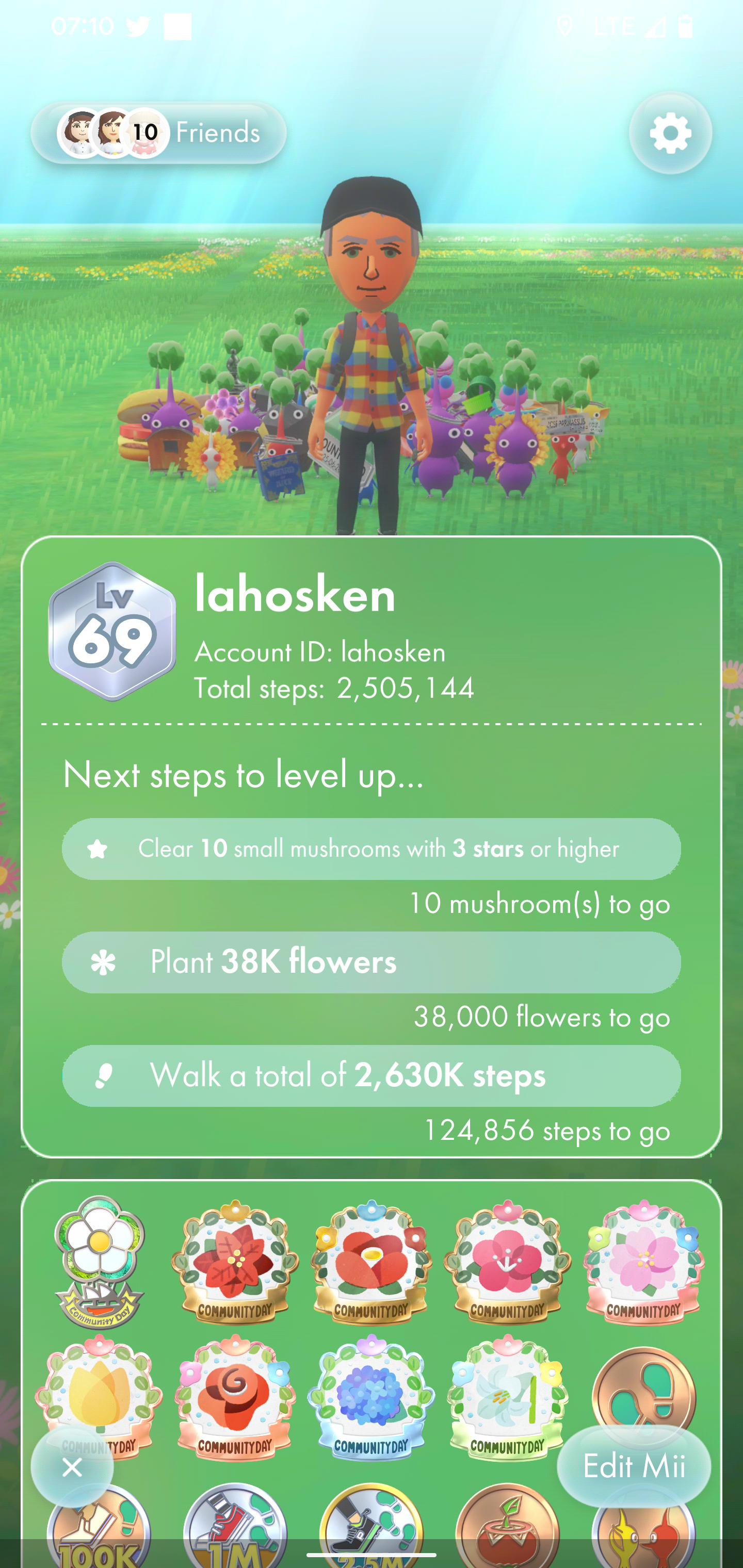Screen shot from Pikmin Bloom app showing that player has recently reached level 69