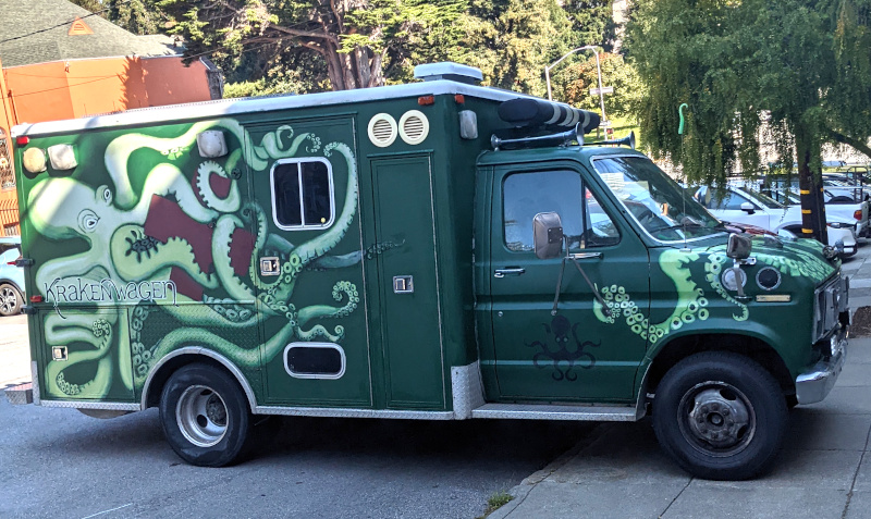 art car ambulance named "krakenwagen" and decorated with krakens
