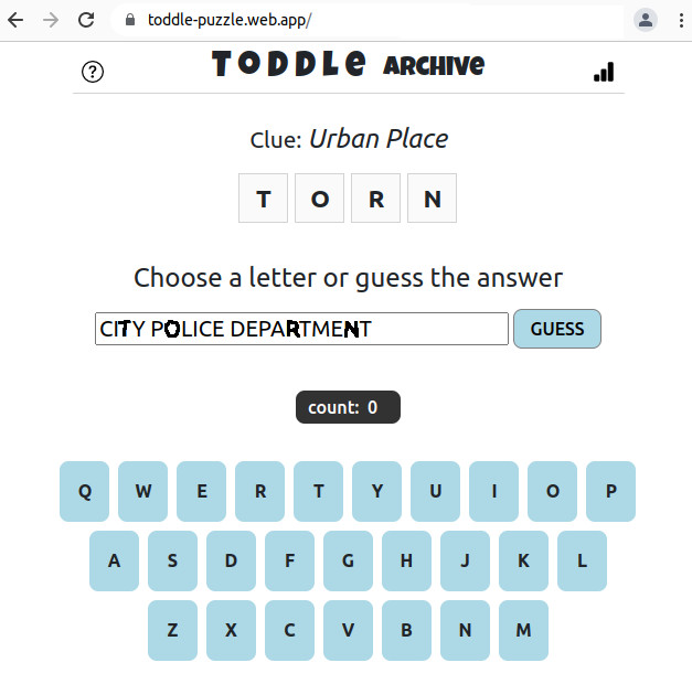 [screen shot of game interface. A clue says 'Urban Place'. Some letters: T O R N. Caption 'Choose a letter or guess the answer'. The user has started to enter an answer: city police department]