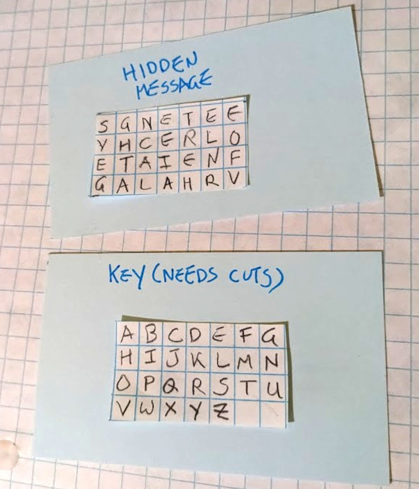 two pieces of graph paper with letters in the squares. one has been labeled 'hidden message'; the other 'key (needs cuts)'