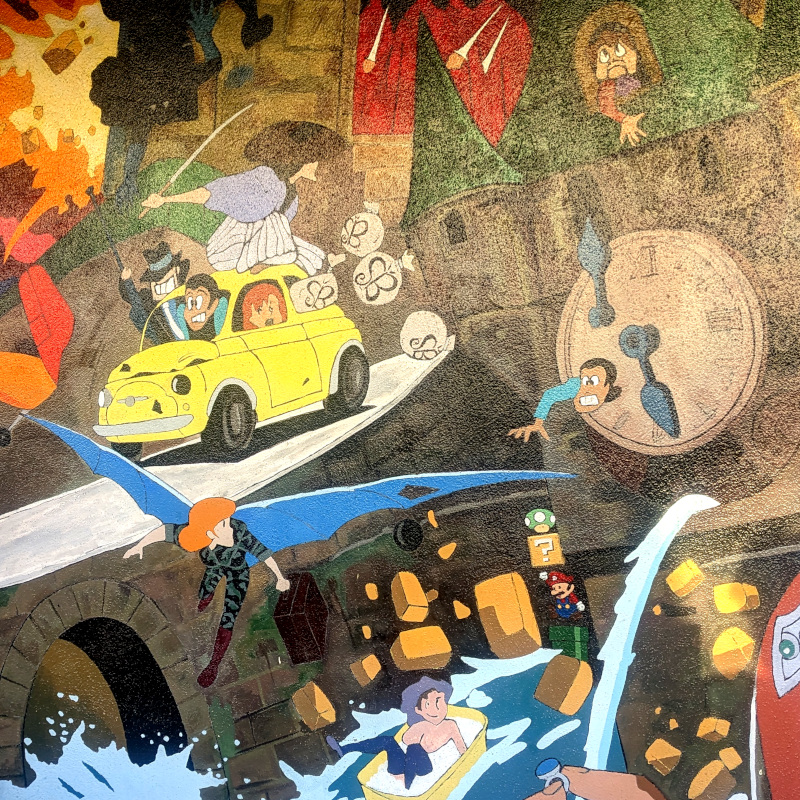 "Cagliobistro" mural featuring Castle Cagliostro-inspired art with a sprinkling of Sushi Bistro logos