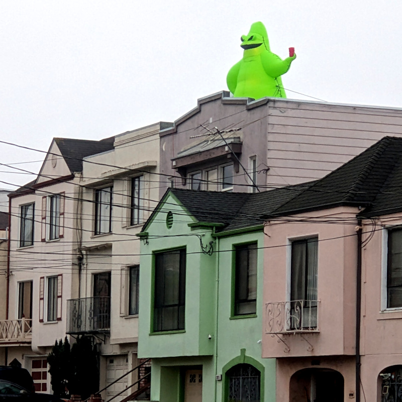 mysterious green Schmoo-shaped thing up on a Sunset district roof