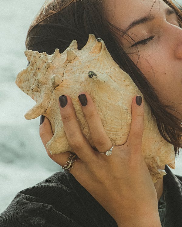 woman holding white sea shell near her ear