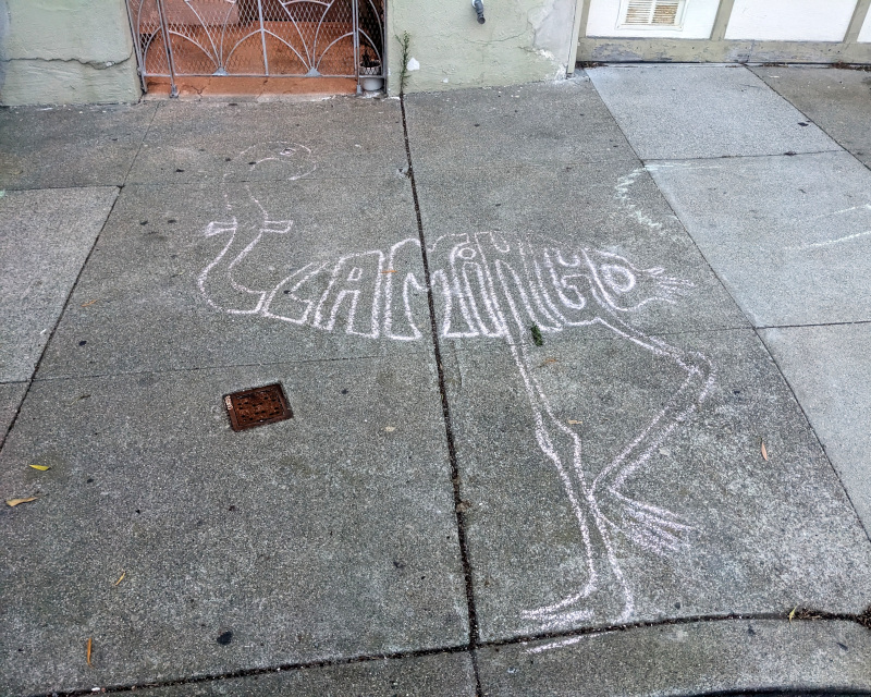 sidewalk chalk art: a flamingo drawn using the letters in the word flamingo
