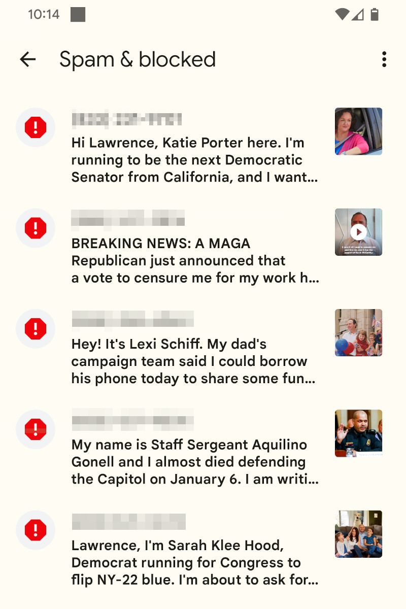a screen shot of my phone Messaging app's Spam folder