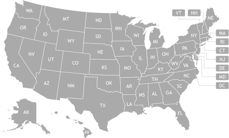 USA map with 2-letter state abbreviations