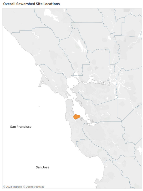 map of California sewersheds, zoomed in tothe San Francisco Bay Area; largely featureless except for an orange shape over San Mateo