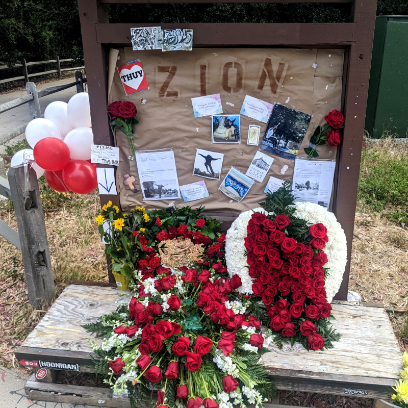 notice board turned into a memorial with notes, stickers, copies of articles, and flowers