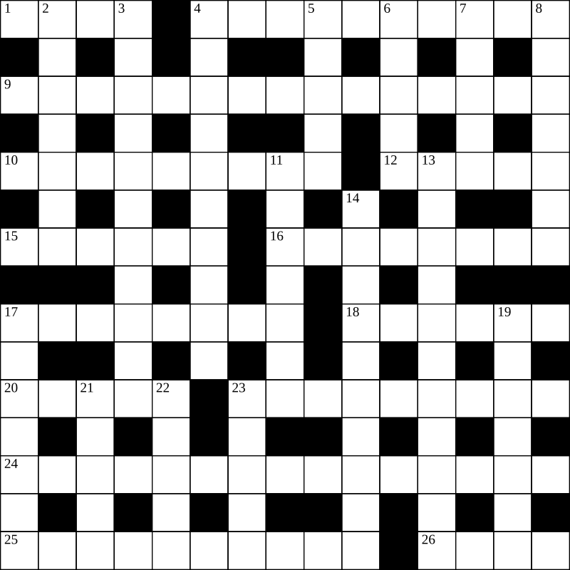 British crossword grid. Many of the squares are in just an across-word or just a down-word