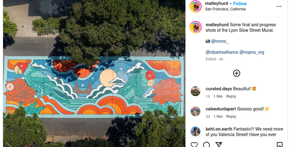 screen shot of Matley Hurd's instagram page; shows the whole mural, undistorted along with some commentary from fans