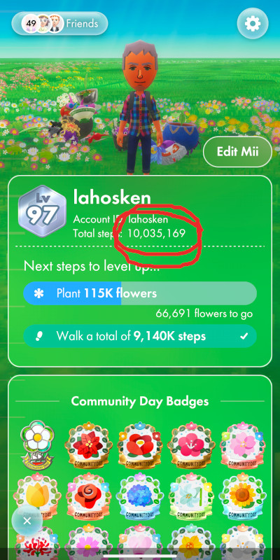 edited screenshot of app showing my Pikmin Bloom profile. The edit: I circled the total step count, which is a little over 10 million