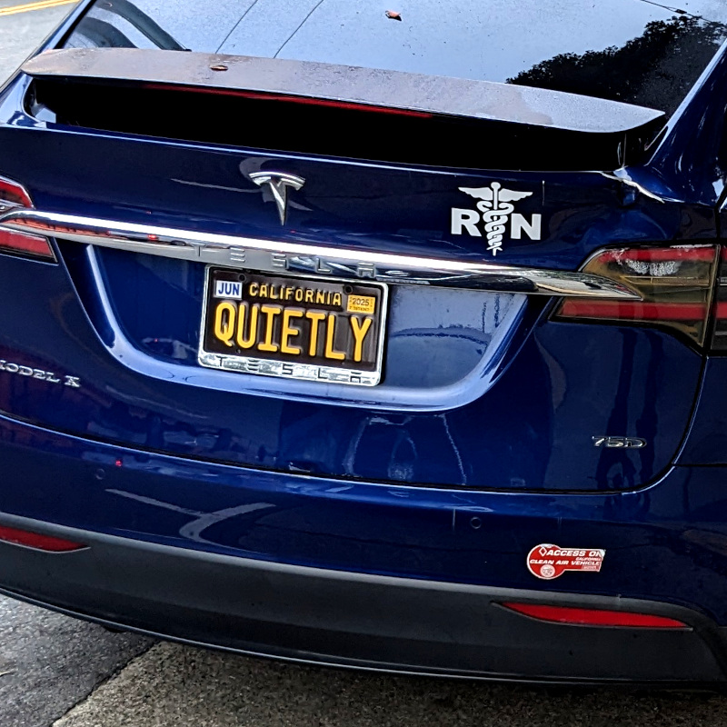 photo of parked car, seen from the rear, zoomed in to the text-y parts. It has a "R☤N" bumper sticker. The (California) vanity license plate reads "quietly". The car is a Tesla model X
