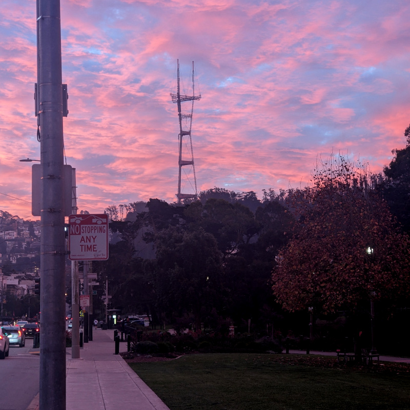 Sutro Tower at sunrise. The sunrise colors aren't intense enough for Maxfield Parrish standards, but still pretty OK