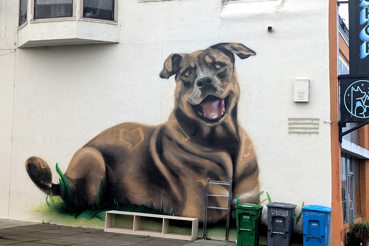 side of a building featuring a big mural of a cute dog
