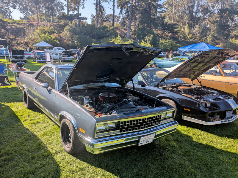 foreground: shiny gray El Camino parked on a lawn. background: more cars, more lawn