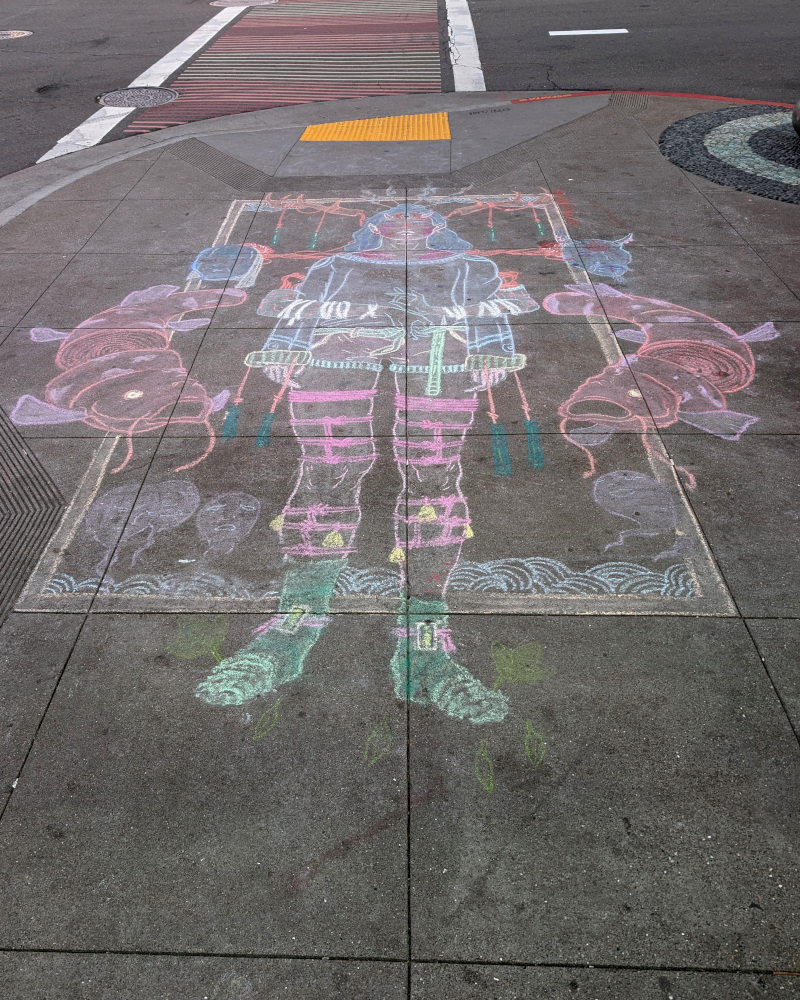 there's a lot going on here. inert human figure is somehow connected to various spiritual bits: arms performing mudras, demon head, antlers,… Uh, it's a lot