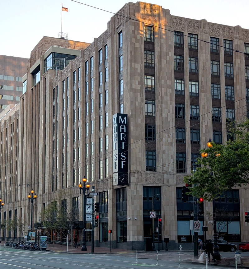 art-deco(?) style building with a sign on the corner that says Mart SF (but was blank for a while and said Twitter for a while before that)