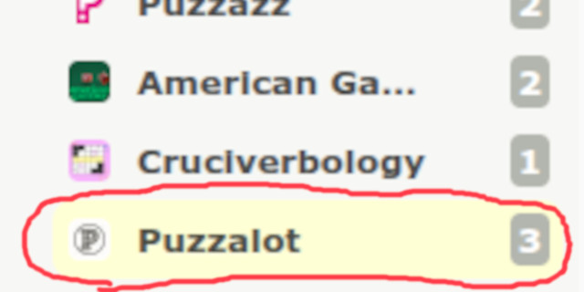 edited screenshot: a list of blog titles with little icons. The edit: the bottom item, Puzzalot, has been circled. (The uncircled items: Puzzazz, American Gambler, Cruciverbology)