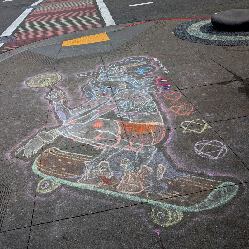 sidewalk chalk art. a glowing crouching figure rides a skateboard. her shorts have a logo: '451F'. beside her hover eldritch symbols suggesting a transformation from ♡ to ⛧.