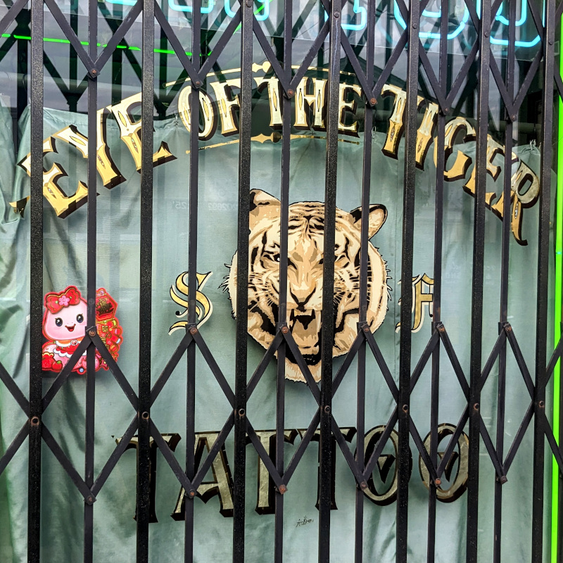 sign painting art, gold leaf on window. Circus-style lettering says Eye of the Tiger S.F. Tattoo. Between the S and F, picture of a roaring tiger