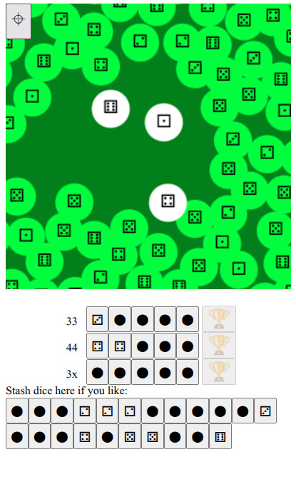 Screen shot of a web app. There's a big green square that has dice scattered across it. Down below are some buttons,some of which have die-face titles; others just have black dots. It's very mysterious