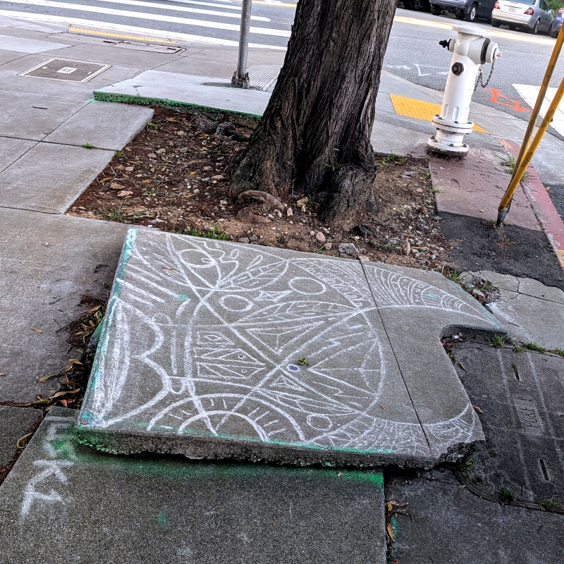 base of street tree. there's a wide-ish sidewalk cut around it but nevertheless, its roots are pushing up a couple of patches of sidewalk. someone decorated one patch of sidewalk with some geometric-ish patterns in chalk