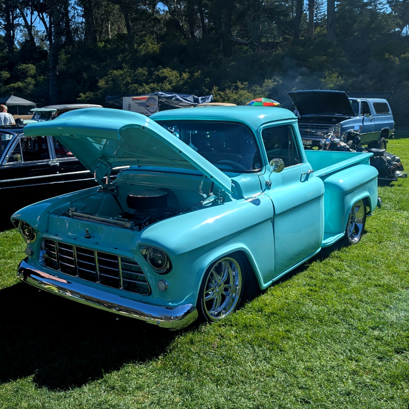 old cyan truck. I dunno, I'm not a car guy; it just reminds me of a truck in a driveway on my block when I was growing up