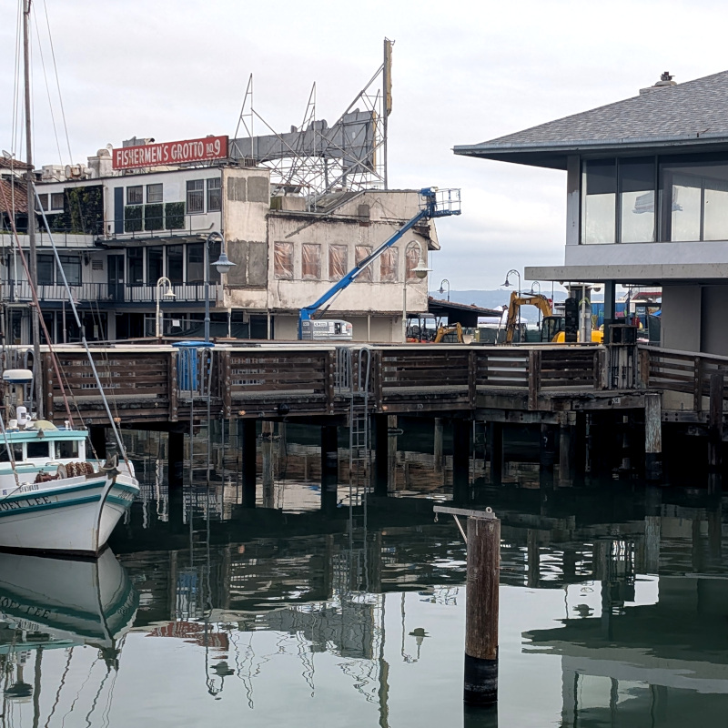 that area of crab-chowder restaurants in Fisherman's Wharf, seen from the back. There's a building missing